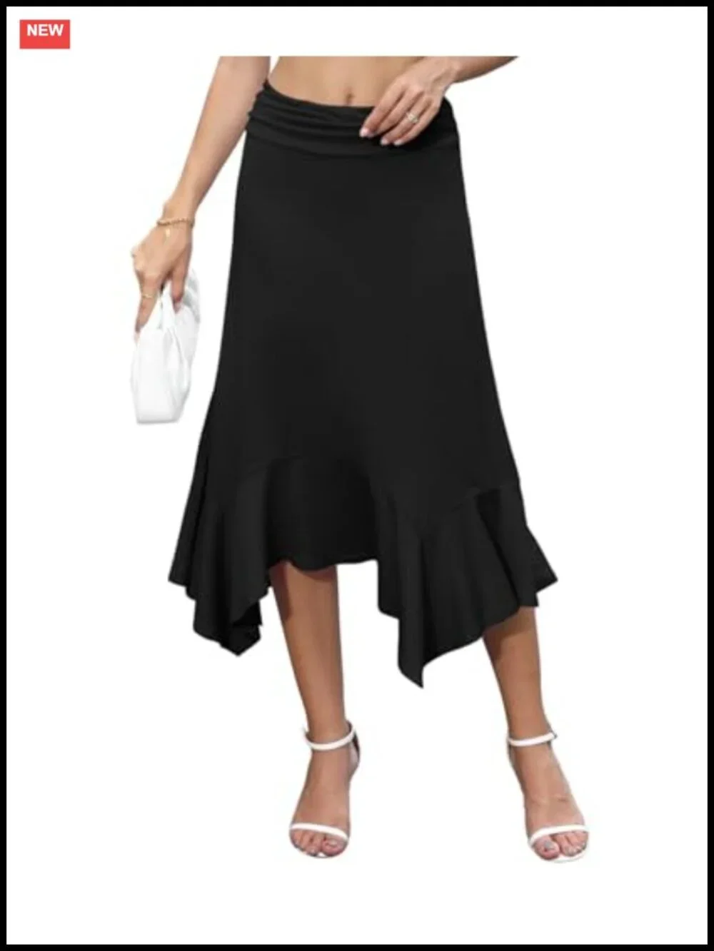 Women's Handkerchief Hem High Waisted A-Line Flowy Midi Skirt Stretchy